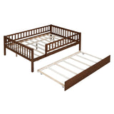 Full Size Wood Daybed with Trundle and Fence Guardrails, Walnut WF301863AAL