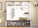 Farmhouse 4-in-1 Hall Tree with 6 Hooks, Walnut Entryway Bench with Shelves, Wooden Style Rustic 93005386