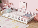 Twin Size Floor Bed with Fence without Door, Rubber Wood Floor Bed with Safety Guardrails,White W504P429335