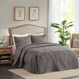 3 Piece Split Corner Pleated Quilted Bedspread Dark Grey Queen B03597559