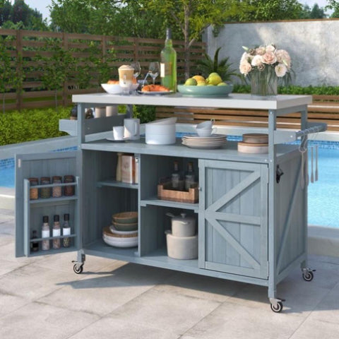 ZUN K&K Outdoor Kitchen Island, Rolling Bar Cart & Storage Cabinet, Farmhouse Solid Wood Outdoor Grill WF532198AAG