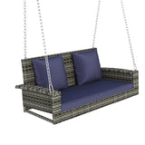 ZUN 2-Person Wicker Hanging Porch Swing with Chains, Cushion, Pillow, Rattan Swing Bench for Garden, 81059257