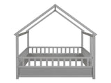 Full Size Floor Wooden Bed with House Roof Frame, Fence Guardrails,Grey W1858123988