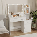 The white vanity with a mirror is equipped with a hair dryer rack, while the vanity in the bedroom W1320P186705