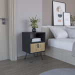 ZUN Huna Nightstand, Stylish Storage with Hairpin Leg, Open Shelf and Drawer B200P173218