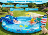 74 " Inflatable Marine Spray Pool with Shark Slide & Lighthouse Sprinkler, Kids Water Play Center 00427621