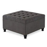 Large square storage ottoman with wooden legs, Upholstered button tufted coffee table with nail W2186142957