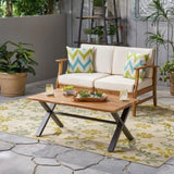 Outdoor Acacia Wood Coffee Table, Teak Finish / Rustic Metal,Black and Brown, 18'' H X 27.25'' W X 62347.00