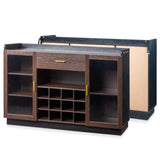 ZUN Double Glass Door with Single Drawer and 12-Bottle Wine Rack Sideboard in Black Frame + Gray-Brown 56154679