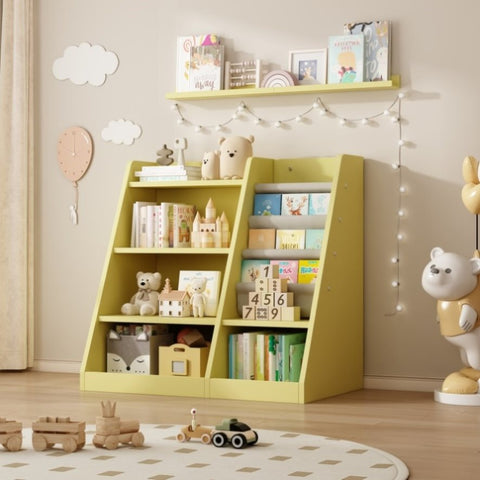 ZUN Yellow Wooden Toy Storage Organizer Cabinet Kids Bookshelf Children Bookcase Toddler Baby Sling Book W2876P233539