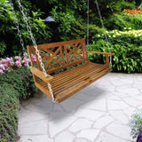 ZUN Acacia Wood Patio Porch Swing for Courtyard & Garden, Heavy Duty Swing Chair Bench with Hanging 35659650