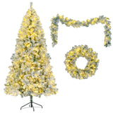 ZUN 6FT Snow Flocked Christmas, Pre-Lit Set with & Garland & Wreath, Artificial Hinged Xmas N704P199472A