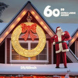 60in Pre-Lit Outdoor Christmas Wreath Decoration, LED Metal Holiday Decor for Home Exterior, Garden 49439263
