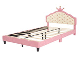 Twin Size Lovely Crown Fantasy PU Leather Princess Bed with Tufted Headboard, PinkCream N733P198760H