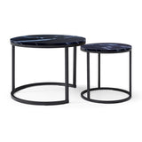 Set 2 Coffee Table Nesting Black top Black Frame Circular Round and Marble Pattern Wooden Tables, 62287079