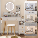 Round Mirror Bedside Cabinet Vanity Table Cushioned Stool, With 2 AC Power 2 USB socket, 17" W936P146695