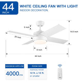 44 In Intergrated LED Ceiling Fan Lighting with White ABS Blade W1367P182803