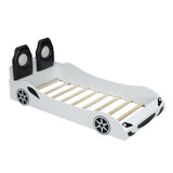 Wood Twin Size Race Car-Shaped Platform Bed with LED and Upholstered Backrest, White 28964519
