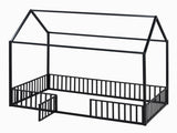 Twin Size Metal House Bed with Fence and Door, Black MF315932AAB