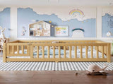 Full Size Bed Floor Bed with Safety Guardrails and Door for Kids, Natural W1580P462323