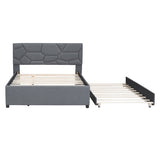 Full Size Upholstered Platform Bed with Brick Pattern Headboard and Twin Size Trundle, Linen Fabric, 49640107