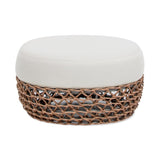 Willow 25" Round Upholstered Woven Patio Ottoman, Golden Brown Wicker Frame, Wheat Beige B2719P305701