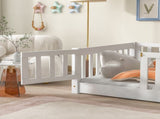 Twin Size Floor Bed with Fence and Door,Rubber Wood Floor Bed with Safety Guardrails,White W504P296777