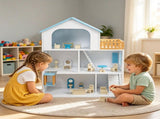 3-Floor Wooden Dollhouse for Kids, 5 Play Areas Pretend Play House with Movable Elevator & Stairs, 12701287