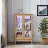 Elegant Light Oak Curio Cabinet with Tempered Glass Doors, LED Light, Mirrored Back Panel & W1758P290028