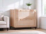 Wide 2-Drawer Wooden Filing Cabinet, Light Oak Color, MDF with Melamine Veneer & Rattan Panel 93775717