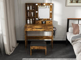 Vanity Table with Mirror & Adjustable LED Lights, Power Outlet, Hairdryer Holder & Stool Compact 18725352