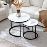 Set 2 Coffee Table Nesting White and gray top Black Frame Circular Round and Marble Pattern Wooden 45806374