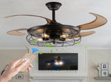 48" Black Remote Control Ceiling Fan Light Industrial 4-Blade Fan with Cage Design and Adjustable W1340P272387