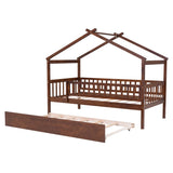 Twin Size Wooden House Bed with Twin Size Trundle, Walnut WF302178AAL