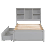 ZUN Modern Twin Size Bed Frame With Built-in USB Port on Bookcase Headboard and 2 Drawers for Grey Color W697P152021