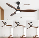 ZUN 60 Inch Ceiling Fan With Lights 3 Solid Wood Fan Blade Noiseless Reversible Motor Remote Control W882P212625