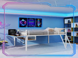 Full Size Metal Loft Bed with Built-in Desk & LED Light Strip, White Loft Bed Frame with Safety W1935P463341