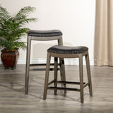 30" Bar Height Saddle Stool, Weathered Gray Finish, Black Leather Seat B046109807