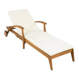 CHAISE LOUNGE WITH WHEEL - ACACIA WOOD RECLINER FOR PATIO/GARDEN, WITH 2INCH WHITE CUSHION, N770P261514T