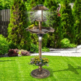 ZUN Outdoor Solar Lighted Pedestal Bird Bath Resin Fountain Decoration with Planter and Feeder, 54485687