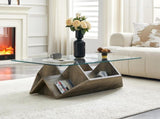 Tempered Glass & MDF Table with Carved Knife Wood Grain, Multi-Storage Open Compartments W3875P387030