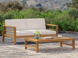 Outdoor Acacia Wood and Iron Loveseat and Coffee Table Set with Cushions, Teak, Black, Beige 73021.00BGE