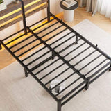 Full Size Metal Bed Frame with Wooden Headboard, RGB Lights, Charger, Storage Shelf, Noise-Free, No W840P209896