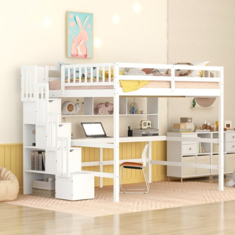 ZUN Full Size Loft Bed with Built-in Desk, Bookshelves and Storage Staircase,White 27873954