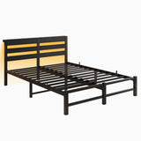 Queen Size Metal Bed Frame with Wooden Headboard, RGB Lights, Charger, Storage Shelf, Noise-Free, No W840P209907