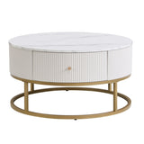 31.5 Inch Modern Round Coffee Table with Drawers, Faux MarbleTable with Storage, Coffee Table for W821P281502