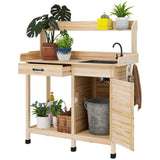 Natural Wood Outdoor Potting Bench with Storage Cabinet,Sink and Faucet ,Hooks 83627467
