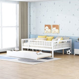Full Size Wood Daybed with Trundle and Fence Guardrails, White WF301863AAK