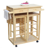 Square Solid Wood Folding Dining Cart with 2 Free Stools Natural 95835468