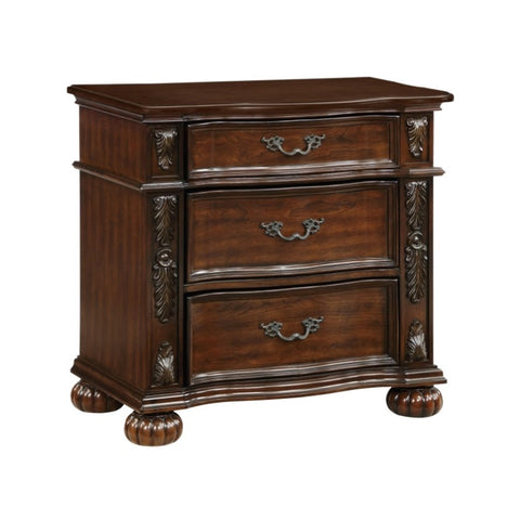 ZUN Classic Traditional Nightstand of 3 Drawers Cherry Finish Carving Wooden Bedroom Furniture 1pc B011P168484